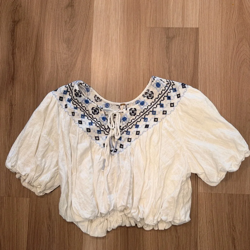 Free People White Peasant crop Top with Blue Embroidered Yoke - Picture 1 of 2